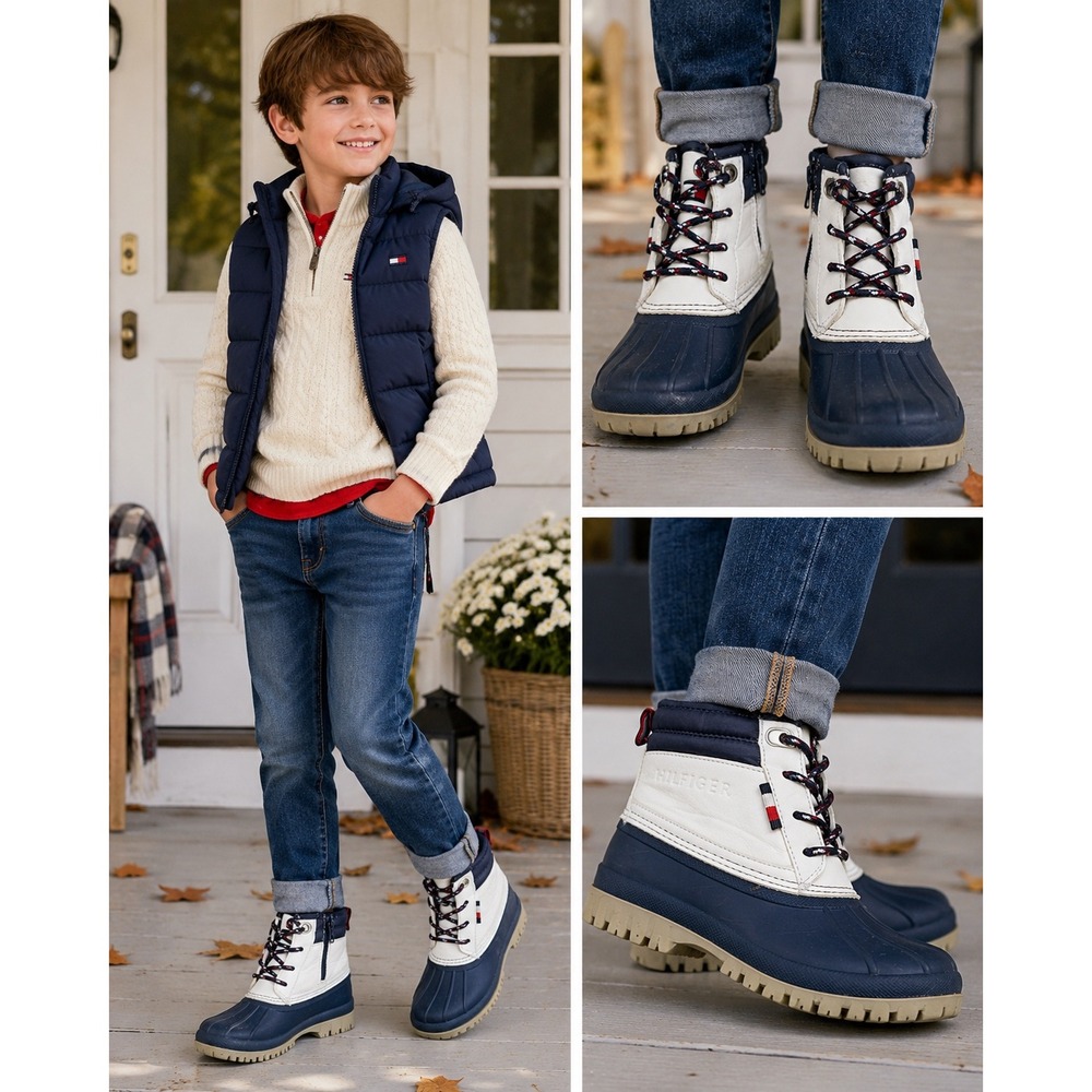 Tommy Hilfiger Kids Navy White Duck Boots Size 13 Zip Up Winter Snow Shoes